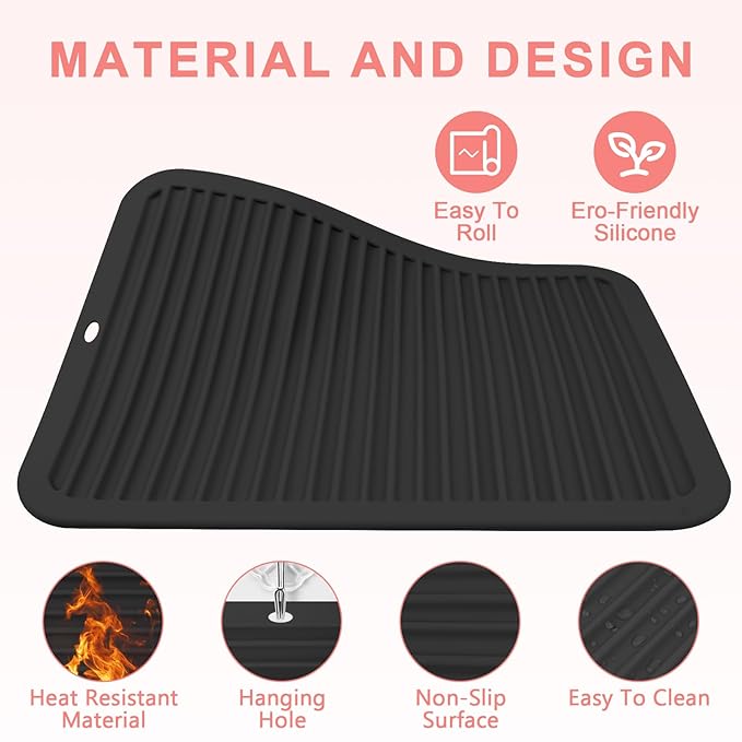 AMIJEAL Oversize Silicone Heat Resistant Mat for Hair Tools, Curling Iron Flat Iron Hair Straightener Holder Mat, Portable Hot Tools Sleeve Pad for Travel Vanity Salon(14.2" x 11.0")