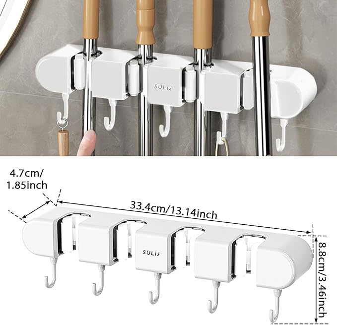 2Pcs Broom Holder Wall Mount, No-Drilling Self-Adhesive Mop and Broom Storage Rack with Hooks (4 Racks with 5 Hooks), Wall-Mounted Broom Hanger for Bathroom, Kitchen, Closet, Garage, White ﻿