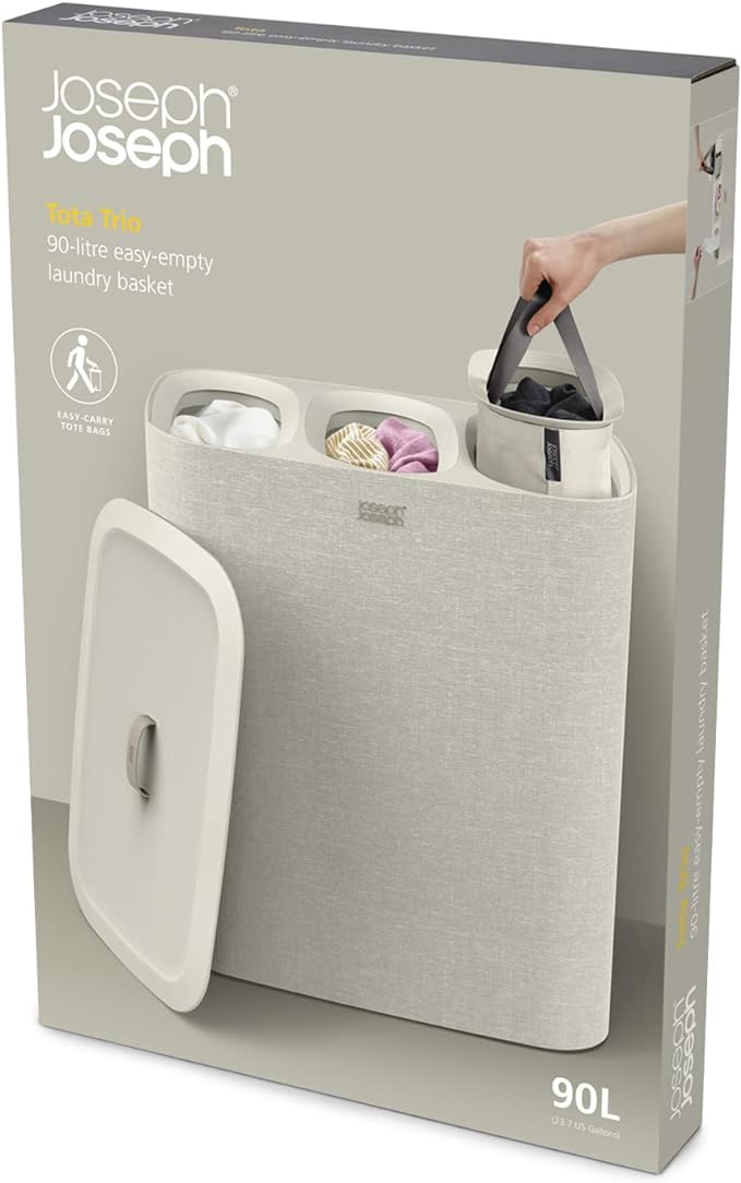 Joseph Joseph Tota Trio 90 liter/23.8 gallon Laundry Hamper Separation Basket with lid, 3 Removable Washing Bags with Handles- Ecru