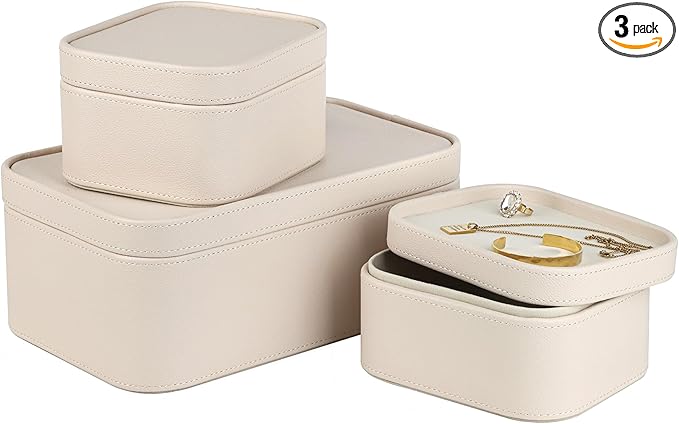 HofferRuffer Faux Leather Decorative Storage Boxes, Dust proof Storage Shelf Baskets with Lids Trays, Storage Bins Memory Box Organizer for Home, Office, Jewelry & More, Set of 3 (CreamWhite)