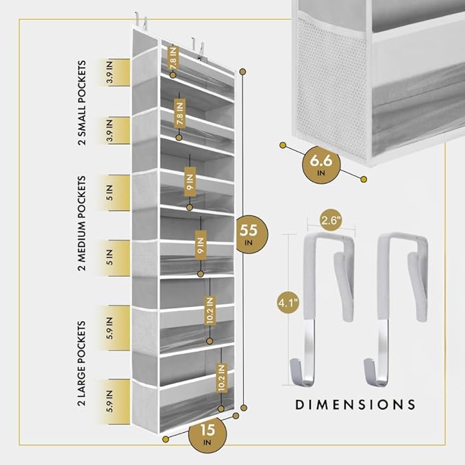 HOMELUX THEORY Over The Door Organizer Hanging - 50lbs Load 6 Large Front & 12 Side Pockets, 2 Pack Over The Door Shoe Organizer, Hanging Closet Organizer For Toys, Diaper, Purse, Sewing (Light Gray)