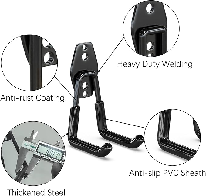 3-H Garage Wall Hooks 10 Pack, Garage Hooks Heavy Duty with Extra Welding Spots, Wall Storage Organizer for Hanging for Garden, Lawn, Yard (Black)