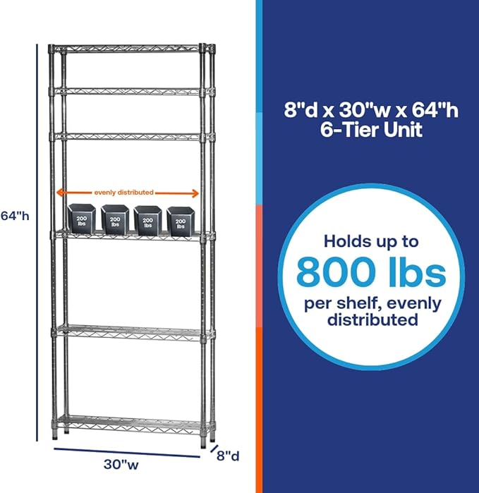 Shelving Inc. 8" d x 30" w x 64" h Chrome Wire Shelving with 6 Tier Shelves, Weight Capacity 800lbs Per Shelf