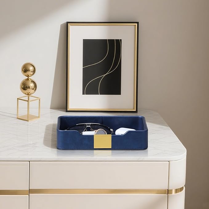 PU Leather Valet Tray with Gold Accent, Decorative Nightstand Organizer Desk Trays Cologne Organizer for Men - Key Bowl Vanity Trinket Tray for Dresser Bedside Entryway Table (Navy Blue)