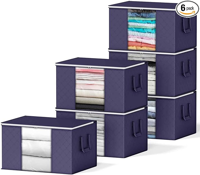 SpaceAid 6 Pack 90L Clothing Storage Bags, Heavy Duty Closet Storage Bins, Extra Large Moving bags, Storage Containers for Clothes, Blankets, Comforters, and Pillows - Blue