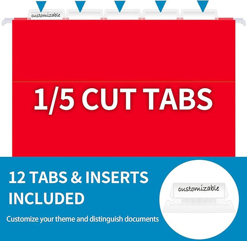 12 Pack Hanging File Folders, Letter Size with 1/5-Cut Adjustable Tabs, 12 Selected Color - File Folder Organizer for Filing Cabinet Office Home, Designed for Bulky Files, Medical Charts