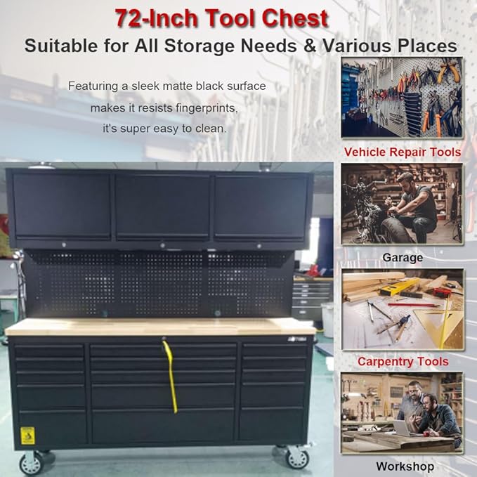 72'' Rolling Tool Chest with 15 Drawers + 3 Upper Cabinets, Large Tool Box, Matte Black Mobile Workbench, Lockable Storage Cabinet with Wheels for Garage Workshop (1 × HTC7218PC)