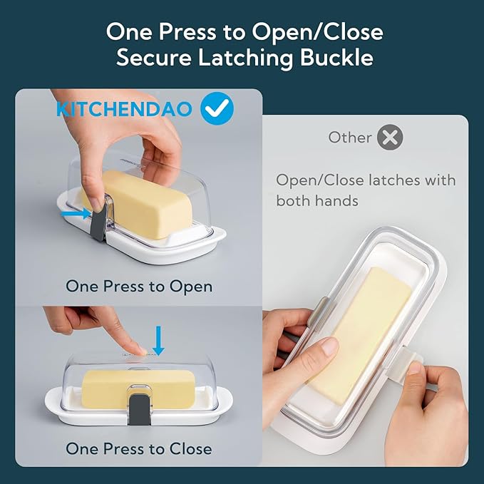 KITCHENDAO Airtight Butter Dish with Lid for Countertop and Refrigerator Door Shelf, Butter Holder with One Press to Open/Close Secure Latching Buckle, Butter Keeper for West/East Coast Butter (White)