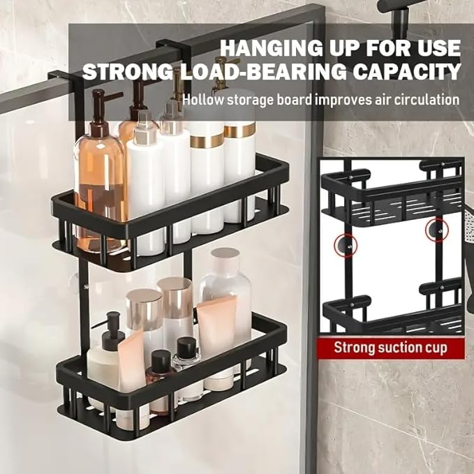 Over Door Shower Caddy, Black Rustproof Bathroom Organizer, 2-Tier Storage Rack, 11.81x5.31 Inch Shelves, No Drilling Required