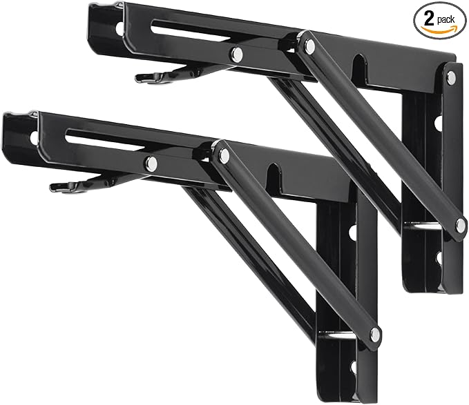 YUMORE Folding Shelf Brackets, 10 Inch Heavy Duty Collapsible Shelf Bracket, Black DIY L Bracket for Workbench Folding Table Hinge, Max Load: 330lb, 2 Pack