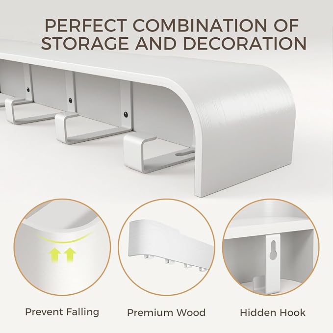 Wall Coat Rack Floating Shelves Modern Coat Rack Wall Mount with Storage Entryway Shelf Wooden Hanger 20 Inch 4 Hidden Metal Hooks for Living Room Bedroom (White, 5 Hooks)