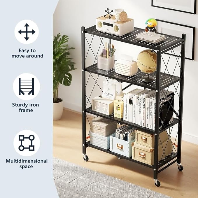 Foldable 4-Tier Metal Storage Shelf with Locking Wheels, Pre-Assembled Rolling Rack for Easy Setup, Space-Saving Organizer for Kitchen, Pantry, and Closet, 28.54" L x 14.17" W x 46.06" H