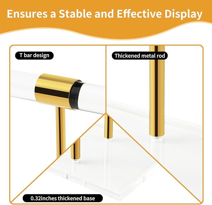 T-Bar Tangle-free Necklace and Jewelry Display Stands, 3-Tier Acrylic Bracelet Holder Stand, Clear Gold Jewelry Organizer with Stainless Rod, Women Vendors Retail Store Counter Bangles Display Stand