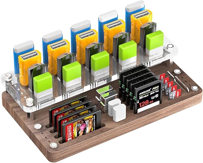 Wooden Memory Card Case for TF, SD, Micro SD Cards and USB Drives - Desk Holder and Carrying Case - AJSNH03MY