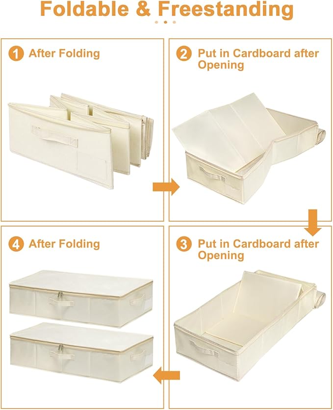 punemi Underbed Storage, 2 Pack Clothing Storage Bags W/Upgraded Handles, Large Capacity Underbed Shoe Container Organizer, Dorm Essentials Bins for Blanket, Pillows, Comforters & Quilts, Beige