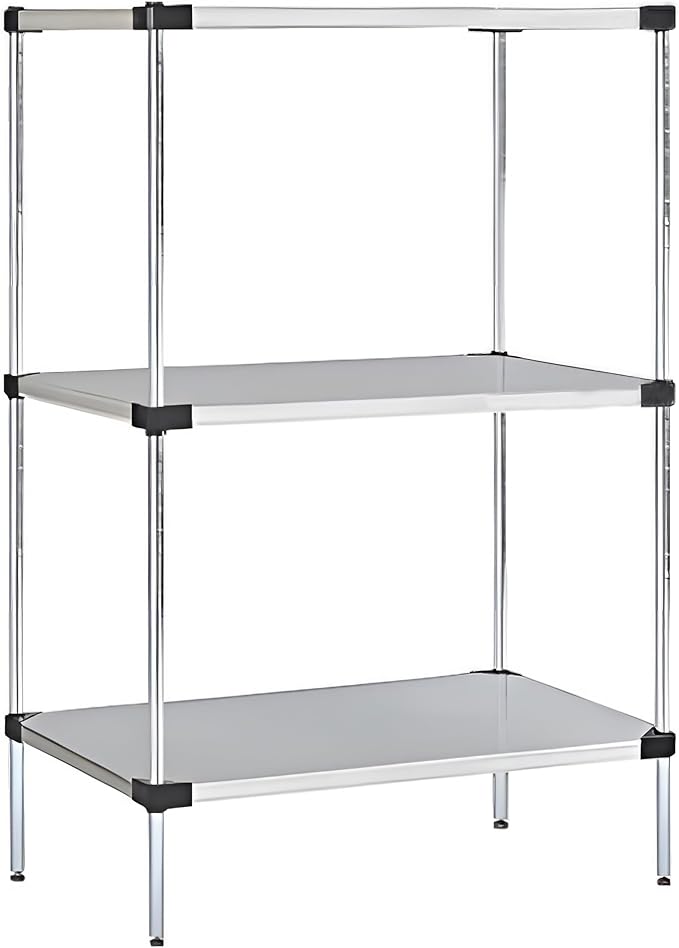 Omega Solid Stainless Steel Shelves, 21" Deep x 48" Wide x 34" High 3 Tier Heavy Duty Solid Shelving Unit for Kitchen Garage Office Restaurant Warehouse 800-lb Per Shelf Weight Capacity