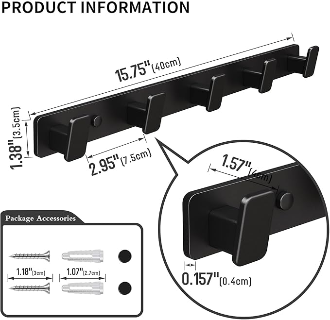 Coat Hook Wall Rack Hanger - Double Coat Rack with 5 Hooks Wall Hooks for Hanging Hat Key Bag Towel Wall Mount Coat Rack, Black 2 Packs