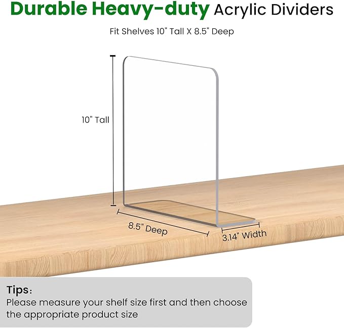 Shelf Dividers for Closet Organization: 4 Pack 10" Tall X 8.4" Deep Acrylic Clear Vertical Shelves Separators - Adhesive Adjustable Easy to Install Remove - Handbags/Clothes/Towel Storage