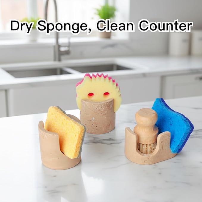 Luxury Travertine Sponge Holder – Fast-Drying, Rust-Proof Kitchen Sink Caddy, Non-Slip Base, Compact Stone Sponge Caddy for Kitchen Sink Counter, Perfect Gift for Modern & Farmhouse Homes, Beige