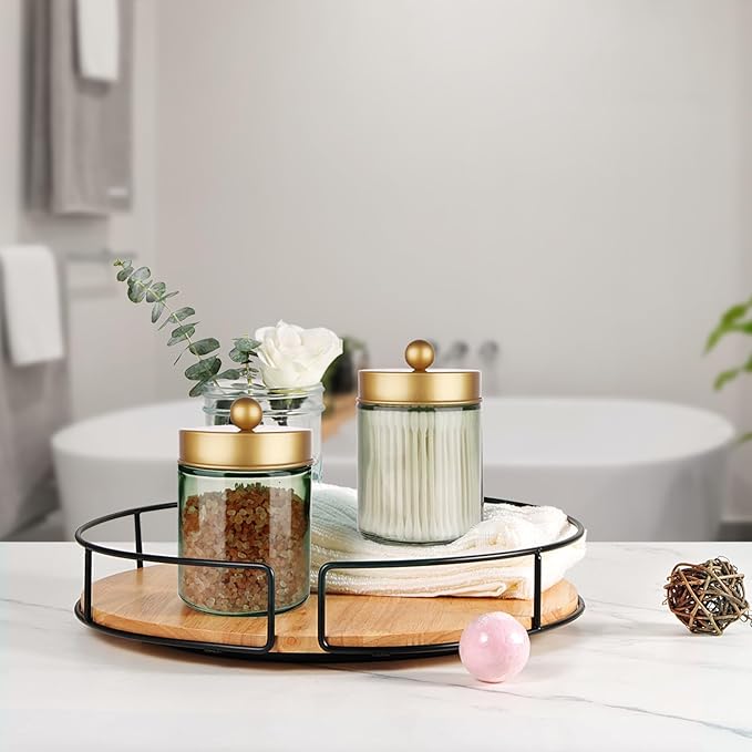 Amolliar Sage Green Glass Apothecary Jar, Qtip Holder Metal Lid & Stickers, Bathroom Qtip Holder Storage Canister, Farmhouse Decor for Cotton Balls, Swabs, Round Pads, Bath Salt, Floss, Gold 1 Pack