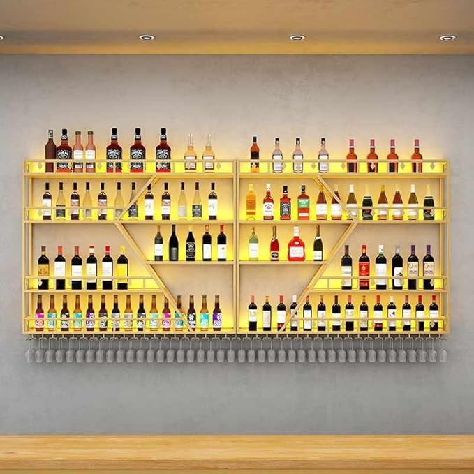 63in Large Wall Mounted Wine Rack 4 Tier Metal Wine Bottle Holder Modern Diamond Design Floating Bar Liquor Bottles Storage Rack for Home Restaurant Bar Decorative (Gold, 4 Tier - 63in)