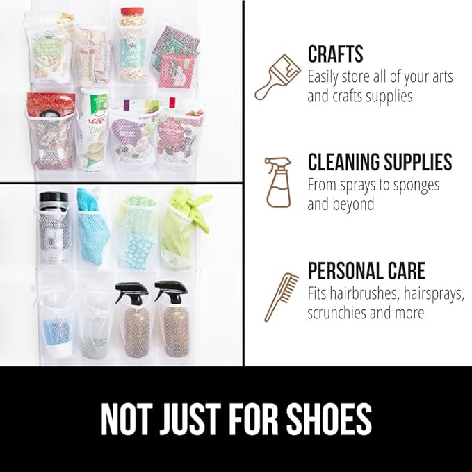 GORILLA GRIP Over the Door Shoe Organizer, 12 Large Breathable Mesh Pockets, Space Saving Hanging Storage Holder, 2 Hook Closet Rack Hanger, Hangs on Closets for Shoes, Accessories, 64H x 9.5W White