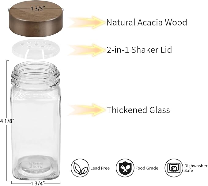 ZEHIQ 48Pcs Glass Spice Jars with Acacia Wood Lids, 4 oz Square Seasoning Containers with Labels, Seasoning Jars with Shaker Lids, Chalk Pen, Funnel, Cleaning Brush, Spice Bottles for Cabinet, Drawer