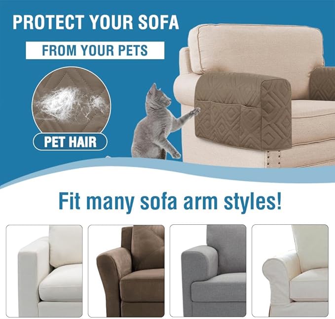 H.VERSAILTEX Armrest Covers for Sofa Water Resistant Couch Arm Covers Remote Control Holder Sofa Armrest Organizer for Magazine, Tablet, Phone, iPad(Set of 2, Taupe/Beige)