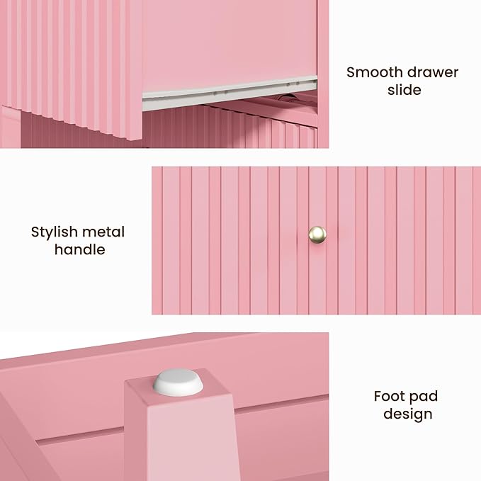 RoyalCraft Fluted 32 inch Wide Nightstand for Bedroom, Large Pink Nightstand with 3 Drawer, Modern End Table, Wood Beside Table for Home and Office