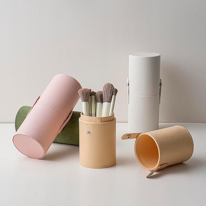 Portable Makeup Brush Holder, Waterproof PU Leather Travel Makeup Brush Case Bag Cup, Brush Storage Dustproof Bag (03White)