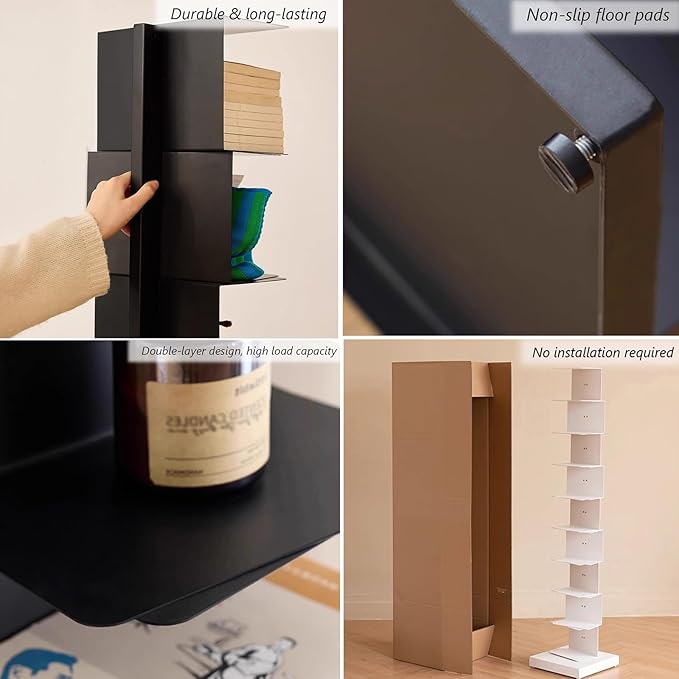 Invisible Vertical Spine Bookshelf Tower,Tall Narrow Metal Bookshelf for Small Space,Corner Floor Standing Book Organizers for Living Room, Office, Entryway(6 Tier, Black)