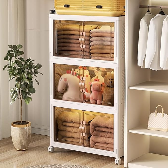 208 QT / 52 Gal Stackable Collapsible Storage Bins with Magnetic Doors & Wheels - Space-Saving Plastic Organizer Cabinet for Closet, Office, Home (White)