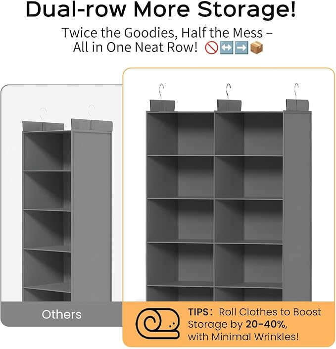 5 Shelves Hanging Closet Organizer – Foldable Dual-Row Hanging Clothes Storage with 3 Hooks, Space-Saving Closet Organizer and Storage for Sweater and Hats, Ideal for Dorms and Bedroom, Grey