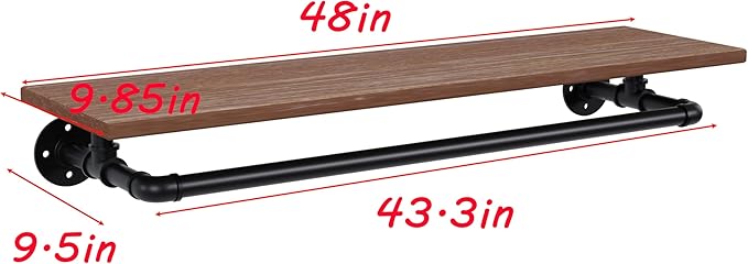 Clothes Rack 48in, Wall Mounted Garment Rack with Real Wood Shelf, Heavy Duty Hanging Clothes Rack, Multi-Purpose Hanging Rod, Space-Saving Closet Storage