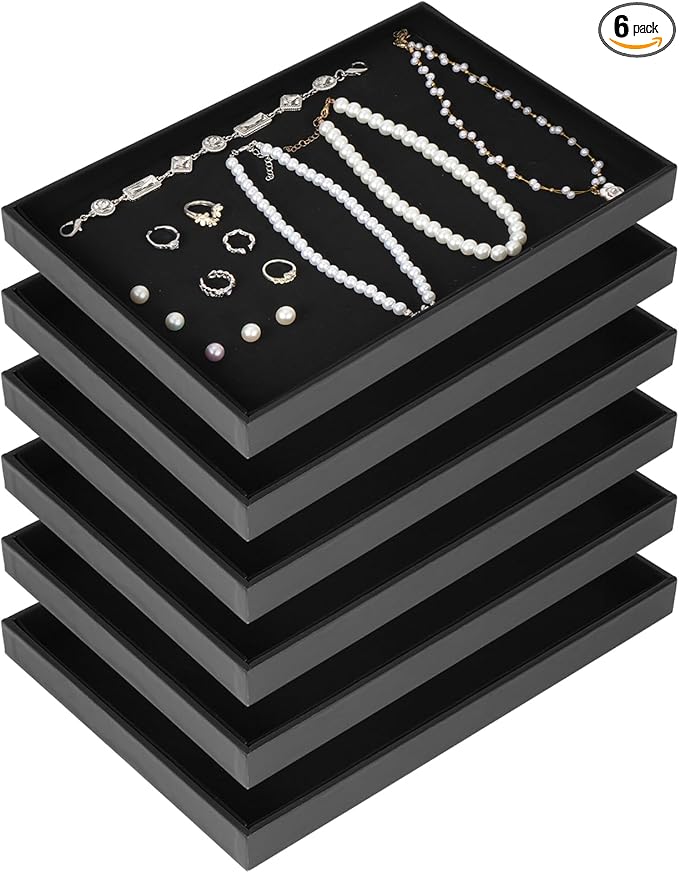 Rainmae 6 Pcs Velvet Stackable Jewelry Tray Showcase Display, Jewelry Organizer Trays for Drawers and Countertop, Black Empty Plates for Necklace, Ring, Bracelet, and Earring Storage Display