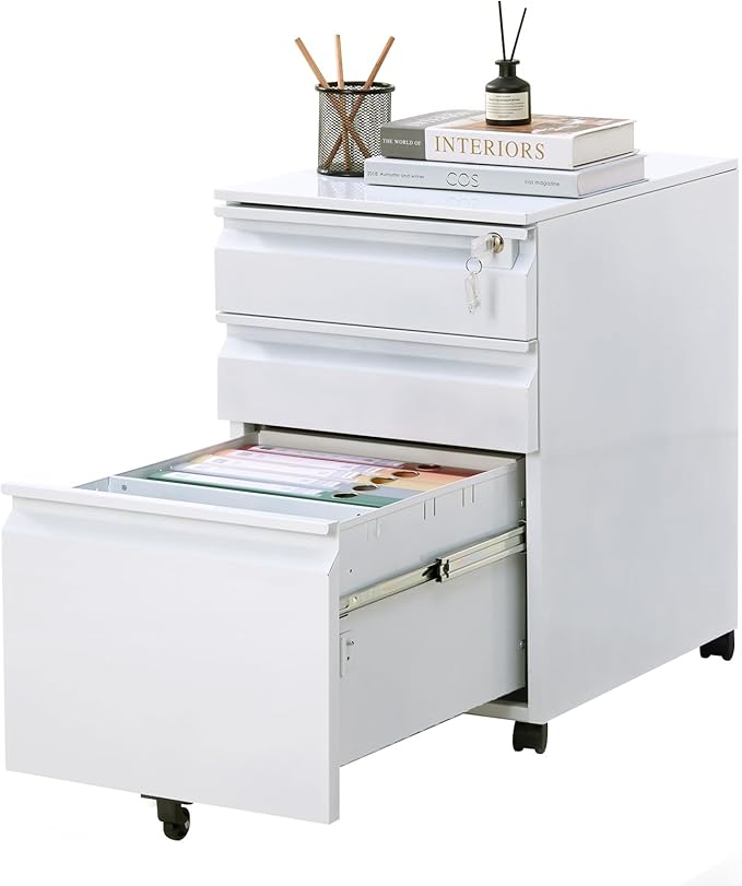 Garvee Mobile Filing Cabinet 3 Drawer,Under Desk File Cabinet with Lock & Anti-Tip Wheel, Metal Rolling Filing Cabinets for Home Office Organizer,a4/Letter/Legal Hanging File Folders