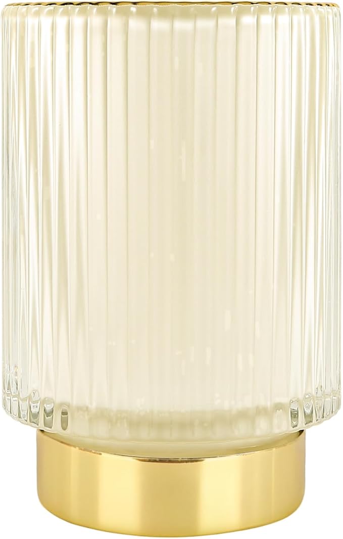 DASITON Makeup Brush holder Organizer,Crystal Cosmetic Makeup Brush Glass Brushes Storage Holder, Vintage Make Up Brush Cup Pen Pencil Holder striped vase(Cream L)