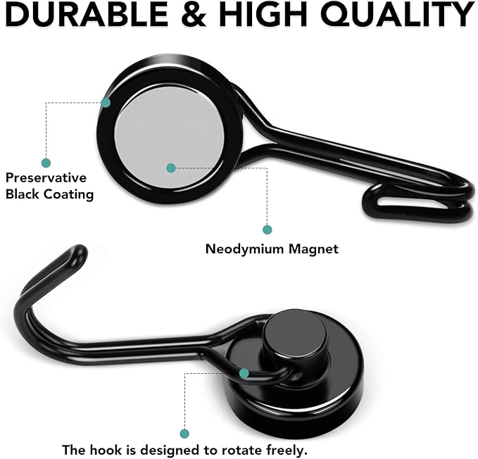MIKEDE 12 Pack Magnetic Hooks, 40Lbs Heavy Duty Neodymium Magnet Hooks Black Magnetic Swivel Hooks for Hanging, Rust Proof Strong Magnets with Hook Magnetic Metal Hanger for Toolbox, Storage