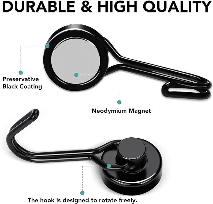 MIKEDE Magnetic Hooks 4 Pack, 40Lbs Heavy Duty Neodymium Magnet Hooks Black Magnetic Swivel Hooks for Hanging, Rust Proof Strong Magnets with Hook Magnetic Metal Hanger for Storage