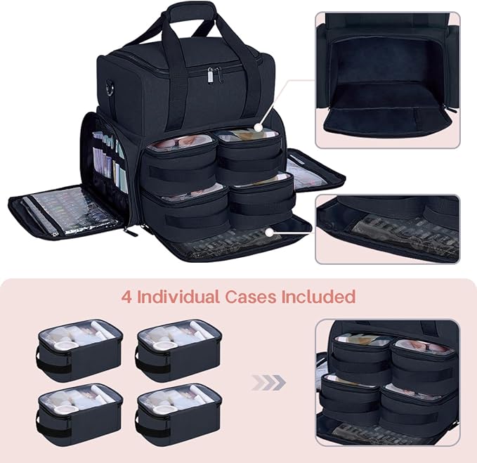 Large Cosmetic Bag with 4 Removable Case and 2 Removable Dividers Double Layer Travel Storage Organizer, Makeup Brushes Storage Section Black