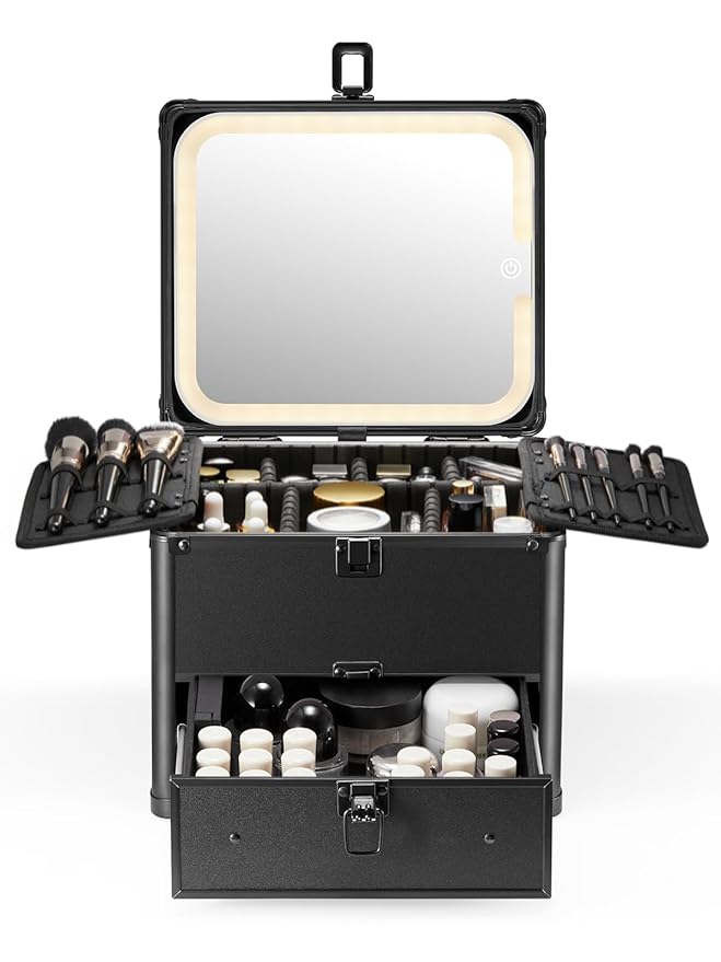Qislee Makeup Box with Drawer and A Detachable Lighted Mirror, Waterproof Travel Train Case, Cosmetic Organizer and Makeup Suitcase with Adjustable Dividers, Magnetic LED Mirror (Black)