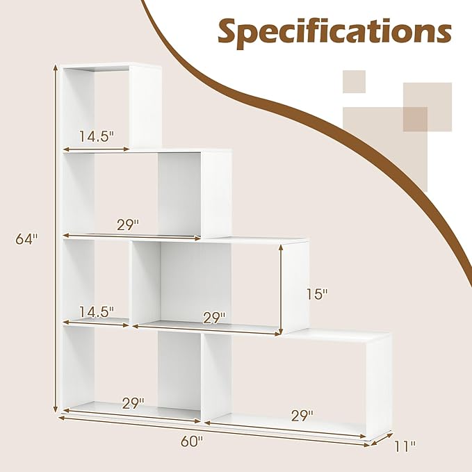 Tangkula 4-Tier Stepped Bookshelf, Freestanding 6 Cubes Ladder Bookcase with Anti-Tipping Kits, 64" Tall Modern Wooden Storage Display Rack for Home Office Living Room Study (1, White)