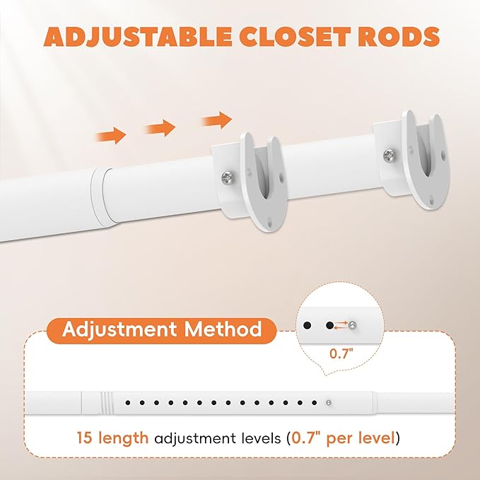 Closet Rod 17-39 Inches, Adjustable Heavy Duty Metal White Closet Rods for Hanging Clothes 1.3 Inches Diameter for Wardrobes Laundry