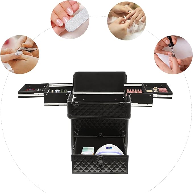 Rolling Makeup Train Case with Drawers, Portable Rolling Makeup Cart with Wheels, Black Cosmetology Storage Cart with 6 Compartments for Makeup Artists, Hairdressers, Pet Groomers
