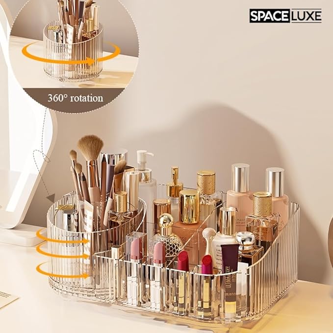 Makeup Organizer with Drawers and 360° Rotating Brush Holder, Large Capacity Cosmetic Storage for Vanity, Skincare, Perfume, Hair Accessories, Lipstick & Jewelry (Cream White, 2-layer)