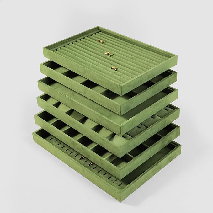 Velvet Stackable Jewelry Display Tray, 24 Grid Earring Ring Storage Tray, Drawer Divider Jewelry Accessories Organizer Plate (Olive Green)