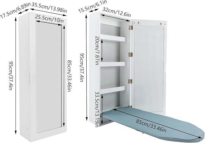 Wall Mounted Ironing Board with Storage Cabinet Built in Swivel Ironing Board with 3Tier Shelf & Dressing Mirror for Home Apartment & Small Spaces