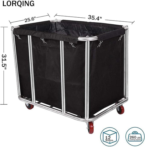 12 Bushels Laundry Cart Commercial/Home,Heavy Duty Large Stainless Steel Rolling Laundry Basket with Wheels，for Laundry Organizer and Storage,260LBS Load (12 Bushels - Black - 8 Tubes)