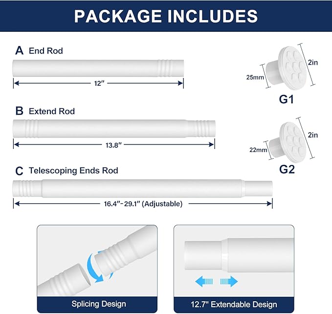 No Drilling Closet Rod, 27.5-74 Inches Hanging Closet Rod for Clothes, Closet Bar & Pole Heavy-duty, Closet Rods for Hanging Clothes For Closet Wardrobes Bathroom Laundry RV Curtains,White