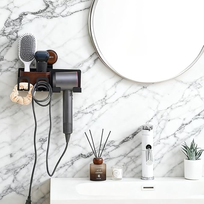 Hair Dryer Holder Wall Mount with Suction Cup, No-Drill Metal Blow Dryer Holder, Hair Accessories Tools Organizer Rack with 3 Toothbrush Hanger & Shelf, Walnut Finish for Bathroom